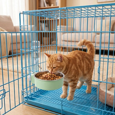 Chat roux utilisant gamelle verte dans sa cage