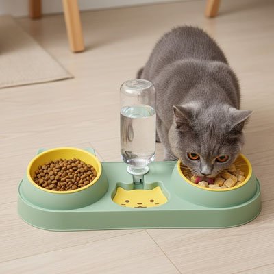 Gamelle chat double Distributeur d'eau vert.