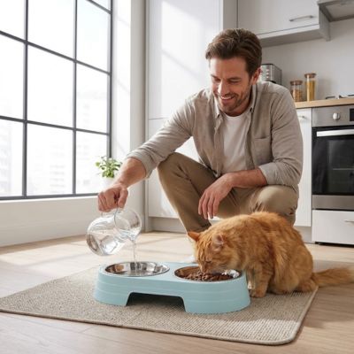 gamelle chat double support bleu avec un homme