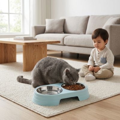 gamelle chat double support bleu salon