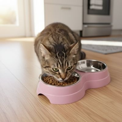 Gamelle chat double bols inox rose