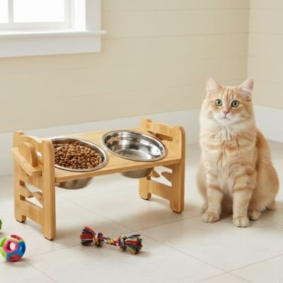 Gamelle chat en bambou avec bols inox pour eau nourriture