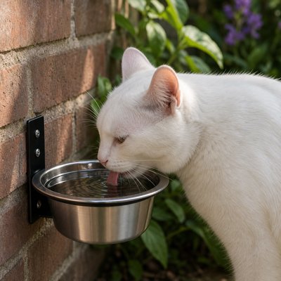 Chat utilisant une gamelle murale