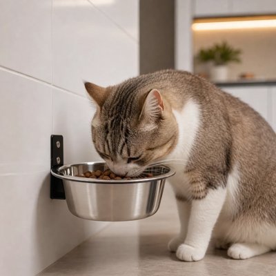 Chat mangeant dans une gamelle murale suspendue