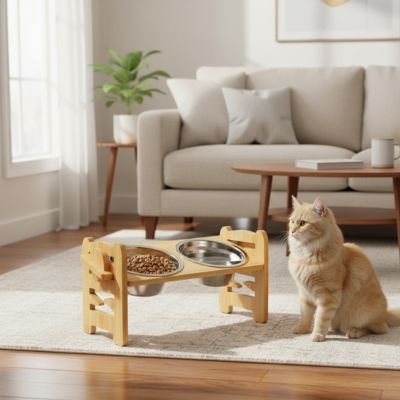 Double gamelle pour chat ergonomique en bois de bambou