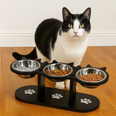 Gamelle chat surélevée 3 bols inox support noir.