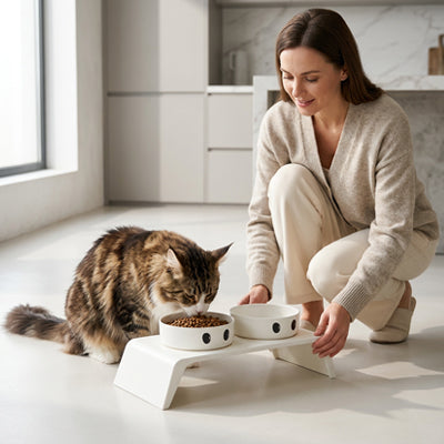 Double gamelle blanche surélevée pour chat brun