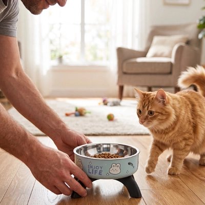 Femme préparant la gamelle chat surélevée bleue