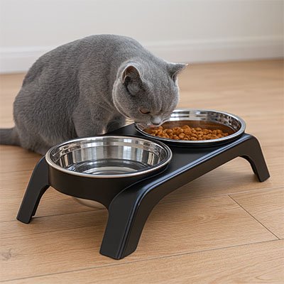 Chat gris mangeant dans une double gamelle surélevée noire