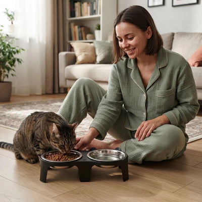 Gamelle Chat Surélevée double bols inox noire
