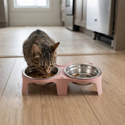 Gamelle Chat Surélevée double bols inox rose