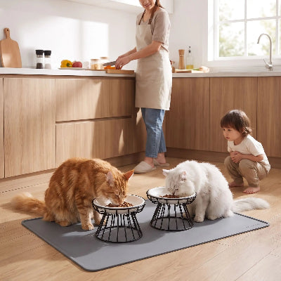 Gamelle Chat surélevée duo avec tapis gris