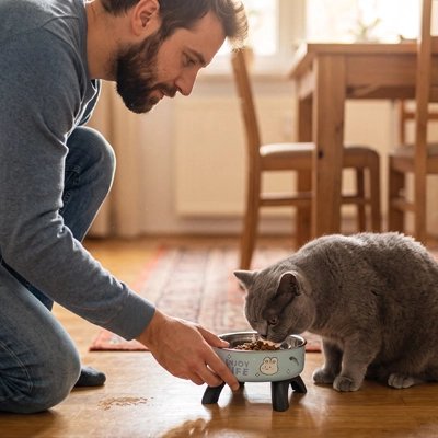 Homme posant la gamelle chat surélevée au sol