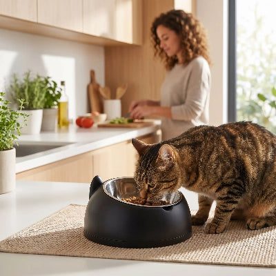 gamelle-chat-surélevée-noire-chat-tigre-cuisine