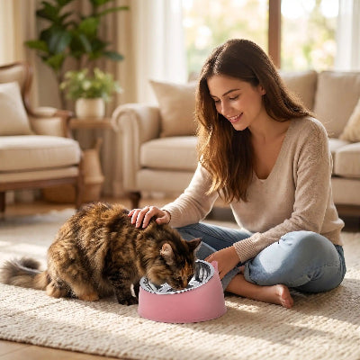 gamelle chat surélevée rose caresse proprietaire.