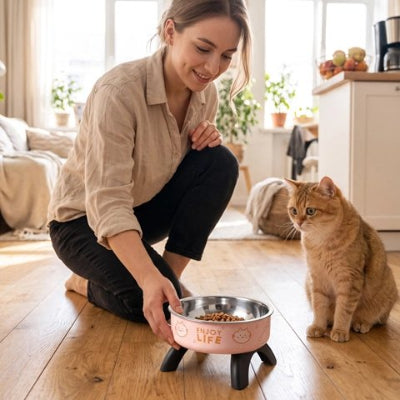 Femme installant la gamelle chat surélevée rose