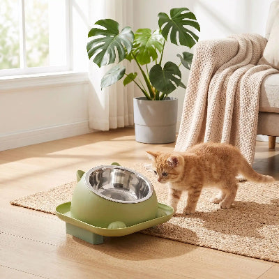 gamelle chaton surélevée verte inclinée