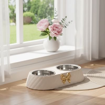 Gamelle double chat beige avec nœud doré