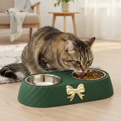 Gamelle double chat inox verte avec nœud doré