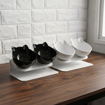 Gamelle double chat avec support blanc en noir et blanc