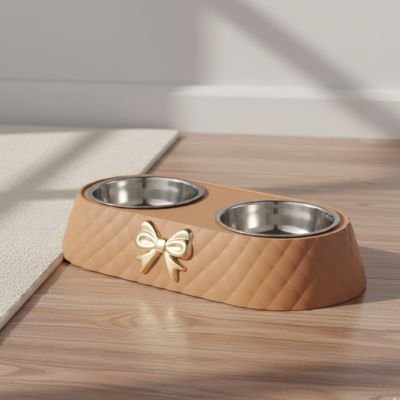 Gamelle double chat taupe avec nœud doré