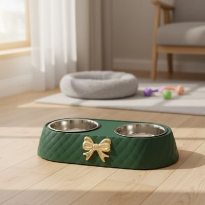 Gamelle double chat verte avec bols inox