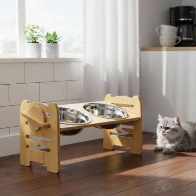 Support gamelle chat bambou réglable pour la cuisine
