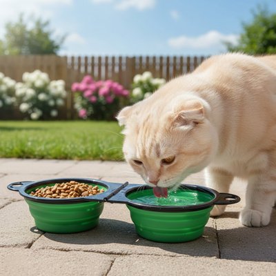 gamelle pliable pour chat verte terrasse
