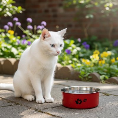 gamelle pour chat blanche rouge.
