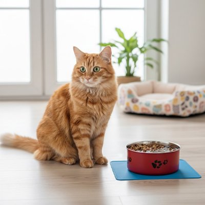 gamelle chat rouge tapis.