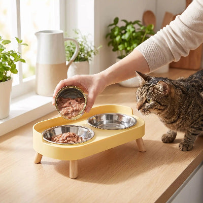 gamelle surélevée chat inox double patée jaune