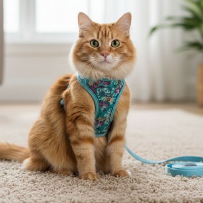 harnais chat bleu avec Chat roux assise sur un tapis au salon