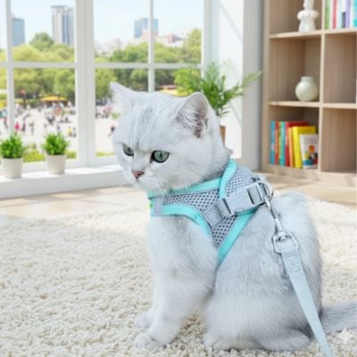 harnais chat bleu clair porte par chat blanc en interieur  au salon