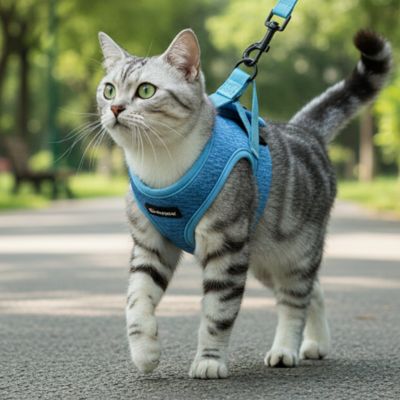 harnais chat bleu porte par un chat gris tigre marchant