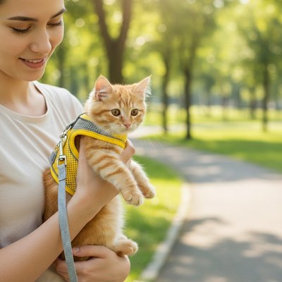 Harnais chat femme portant un chaton roux avec harnais jaune