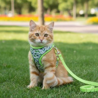  harnais chaton vert porte par un chat