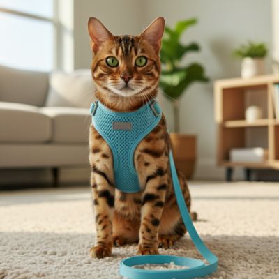 harnais pour chat bleu porté par un chat Tigre assis