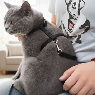 harnais pour chat noir Chat gris sur les genoux