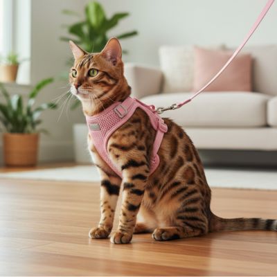 harnais pour chat rose avec un chat Bengal assis salon
