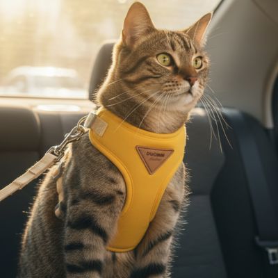 harnais pour chat porte par chat tigre jaune dans voiture