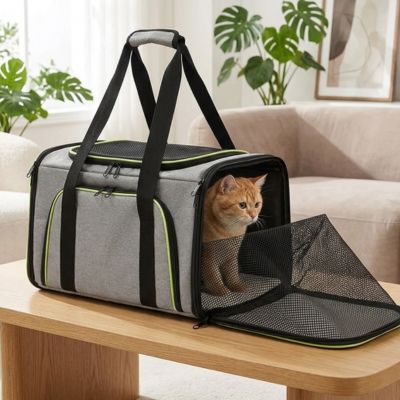 sac a chat transport gris vert table bois avec chat.
