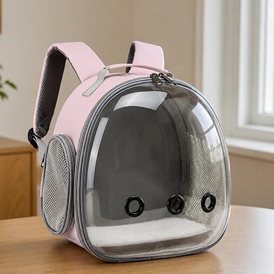 Sac à dos chats rose transparent posé sur une table.