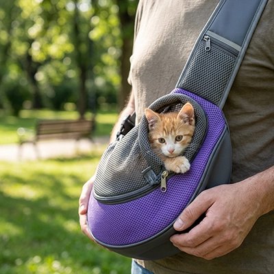sac bandoulière  pour chat chaton roux dans écharpe violette