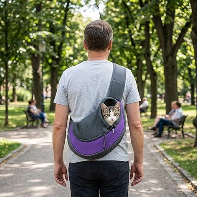 sac bandoulière pour chat homme de dos avec écharpe violette