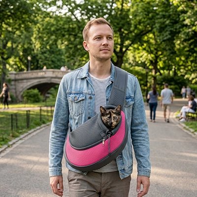 sac bandoulière pour chat homme marche parc avec écharpe rose
