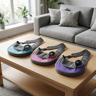 sac bandoulière pour chat modèles violet, rose et turquoise