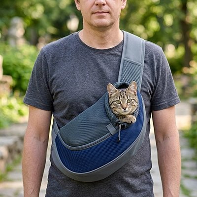 sac de transport chat, écharpe bleue avec chat tigré