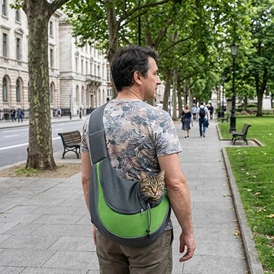 sac de transport chat vue de dos homme écharpe verte
