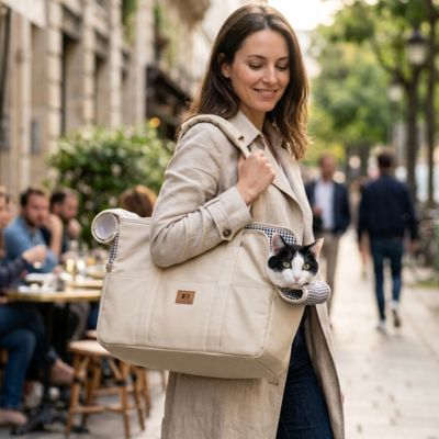 sac de transport pour chat beige épaule femme sur trottoir