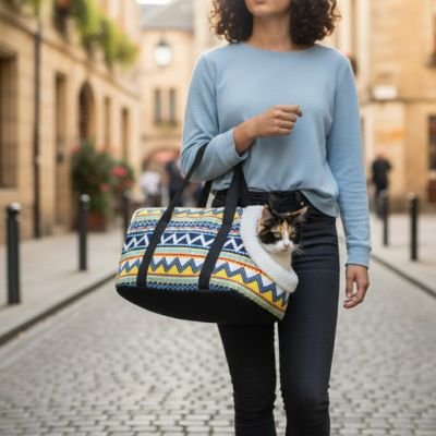 sac de transport pour chat ethnique
confortable Femme transportant son chat